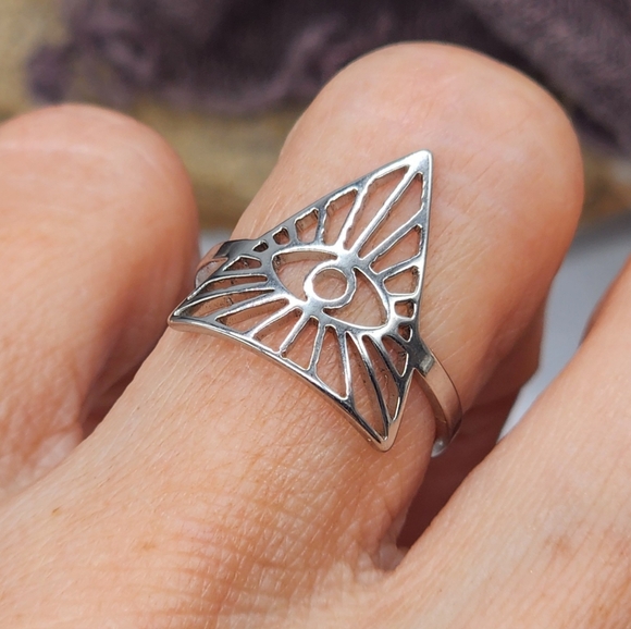 FP Alkemie Designer Rhodium Ring Pyramid SUN EYE One Size Adjustable Spi… - Picture 1 of 14